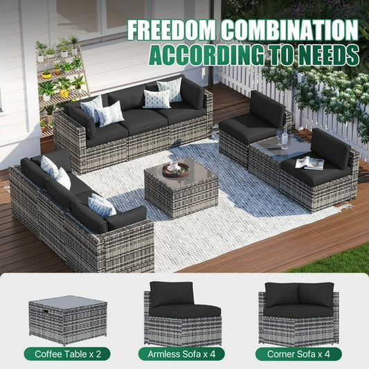 Clouddwell 10 Piece Patio Furniture Set Wicker Rattan Patio Conversation Set Outdoor Sectional Sofa Set with Coffee Table and Black Cushions(Waterproof Cover Included)