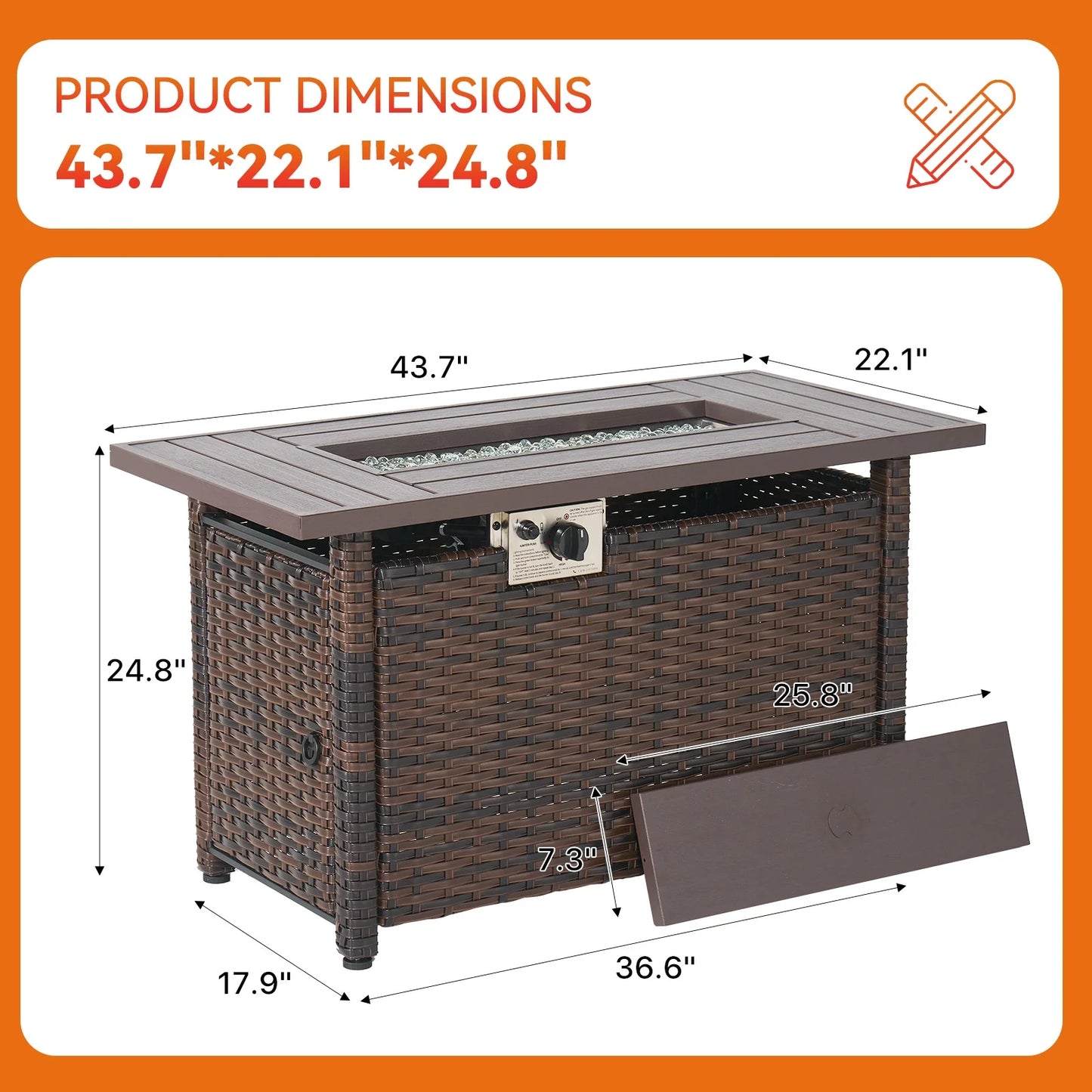 Sunmthink 44'' Fire Table 50,000 BTU Propane Gas Fire Pit Table W/ Cover, Glass Beads, Tank Holder, Gray Wicke