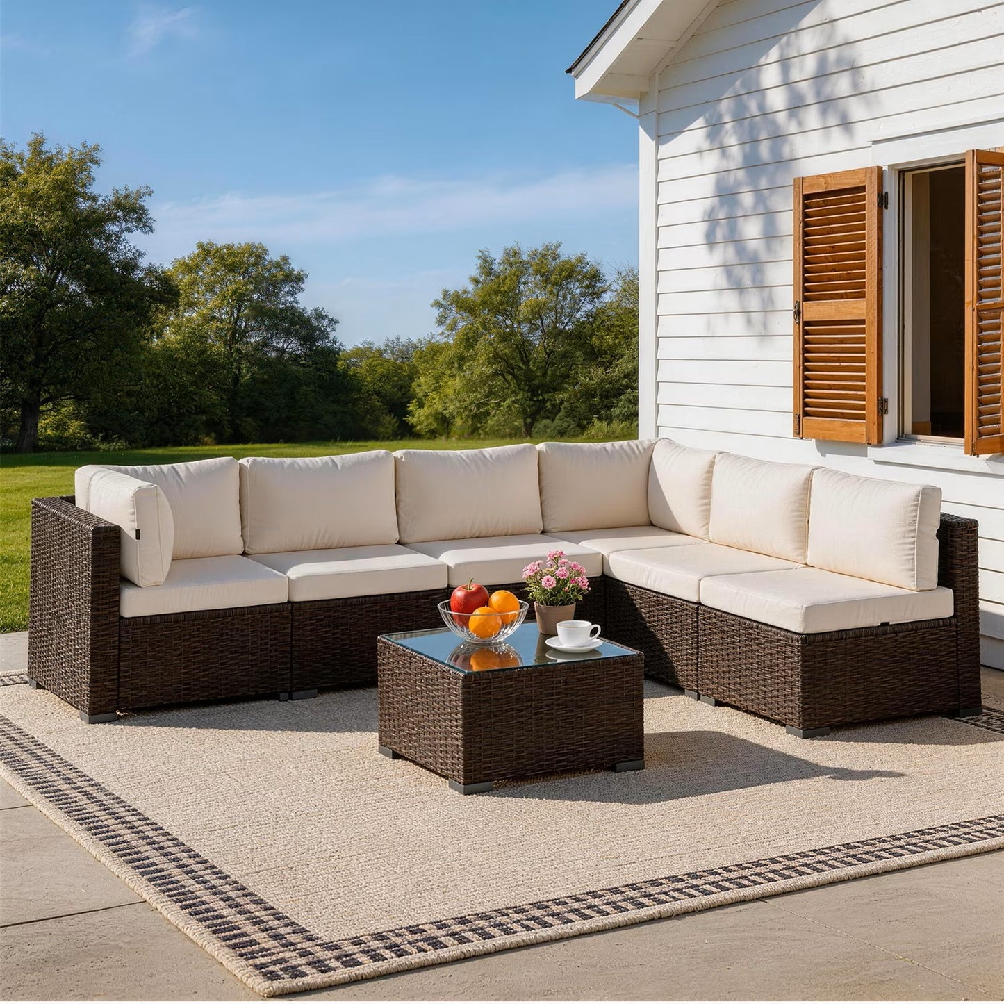 Clouddwell 7 Piece Outdoor Patio Furniture Set, Wicker Rattan Patio Sectional Sofa Sets, Off White