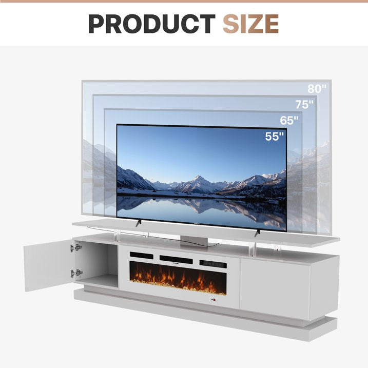 Sonegra Modern Fireplace TV Stand for TVs Up to 80" with Music Sync LED, 70" Entertainment Center with Electric Fireplace, TV Console with Storage Cabinets for Living Room, White