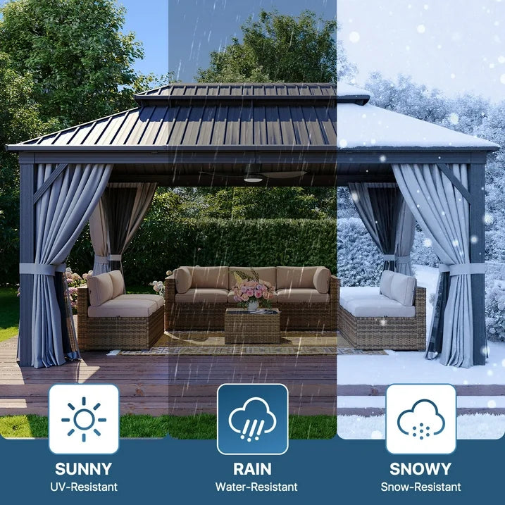 Sumnthink 12'x16' Hardtop Gazebo, Steel Double Galvanized Top Canopy, Aluminum Frame Permanent Pavilion Metal Gazebo with Netting and Curtains, for Patio, Garden, Lawn