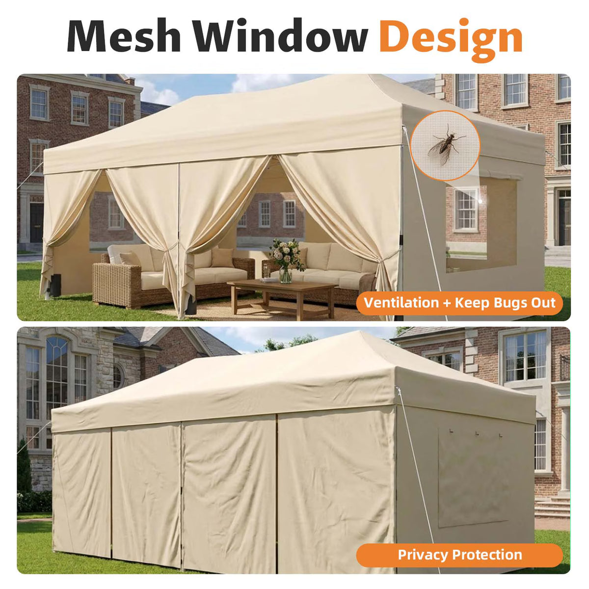 Dateyes 10x20 FT Pop Up Canopy with Mesh Window Sidewalls, Portable Ez Setup Heavy Duty Canopy Tent with Sandbags, Instant Shelter for Outdoor Event, Party, Commercial, Beige