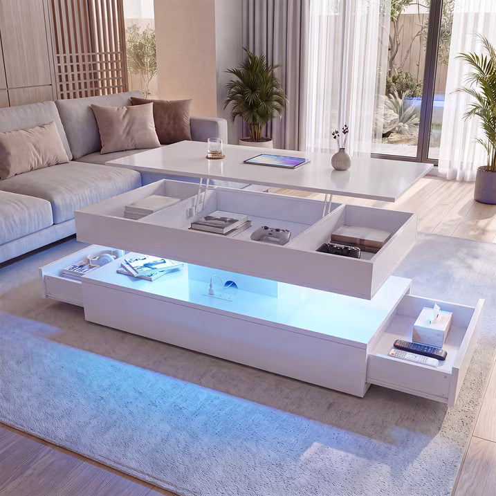 Sonegra 47" High-Glossy LED Lift Top Coffee Table with 2 Sliding Drawers, Large Open Storage Space & Ambient LED Lighting, Modern Double-Layer Livingroom Table, White