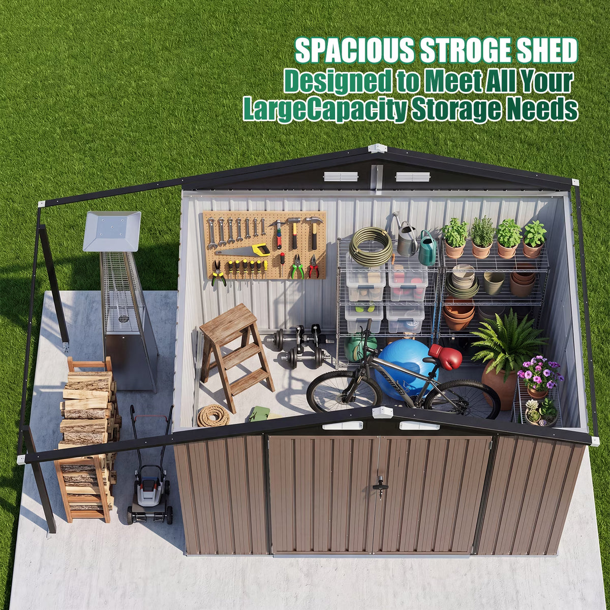 Dateyes 10 x 6 FT Metal Storage Shed with Hardtop Gazebo, Outdoor Tool Shed Firewood Storage for Garden, Backyard, Brown