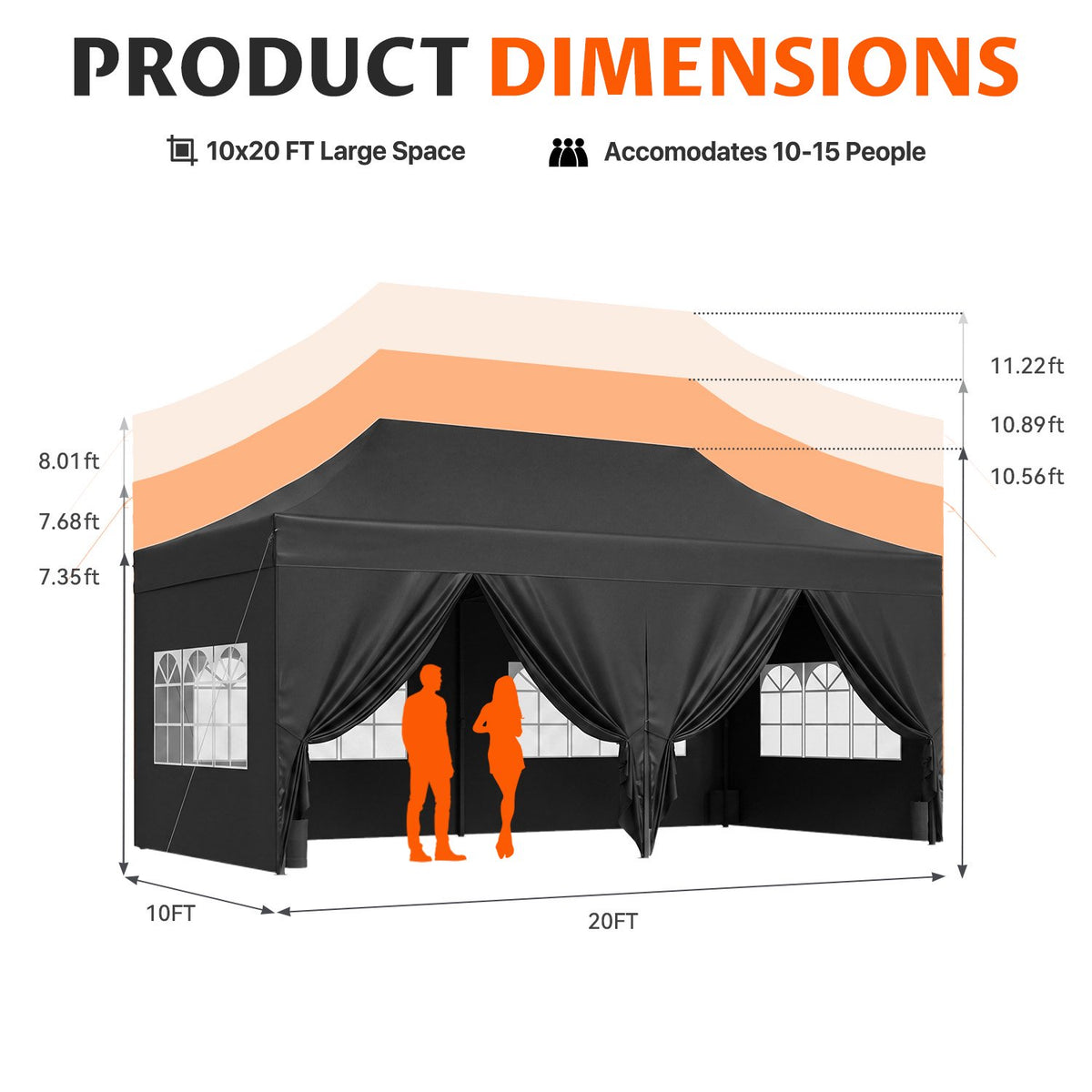 Dateyes 10x20 FT Pop Up Canopy Tent with 45mm Heavy Duty Steel Frame, Waterproof Outdoor Canopy, 3-Level Adjustable Height, Instant Party Tent with Roller Bag, Black
