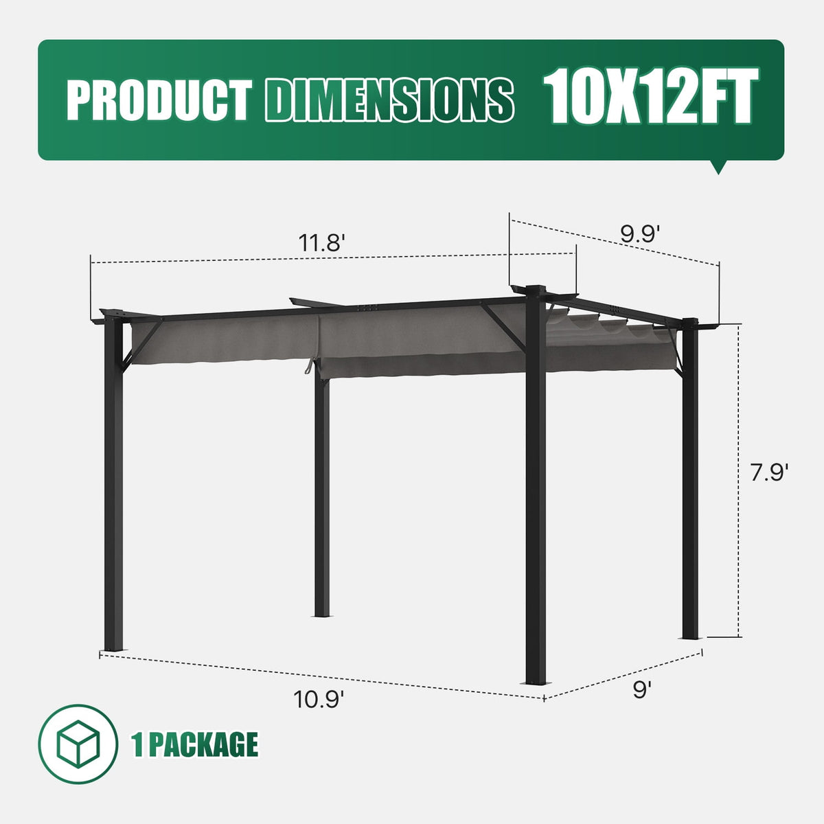 Clouddwell 12x10 ft Outdoor Pergola with Retractable Canopy, Heavy-Duty Metal Frame Patio Pergola for Backyard & Garden, UV Protection Sun Shade, Gray
