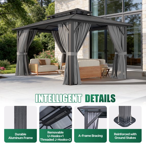 Clouddwell 10'x14' Hardtop Gazebo - Polycarbonate Double Roof with Netting & Curtains for Patio, Garden Sun Protection,Gray