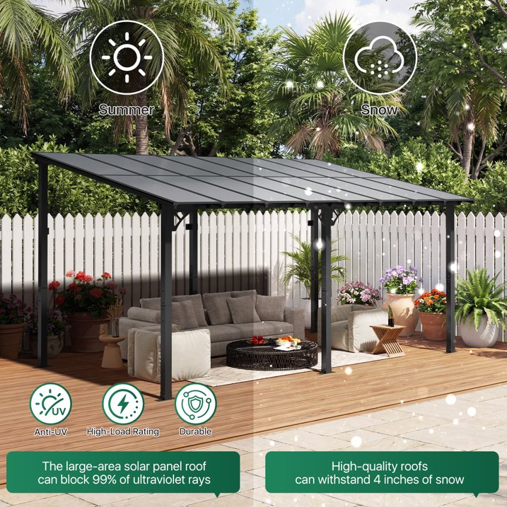Clouddwell 16'x 10' Wall-Mounted Gazebo Pergola with Aluminum Top Frame & Polycarbonate Panel, Large Heavy-Duty Awnings for Backyard Black