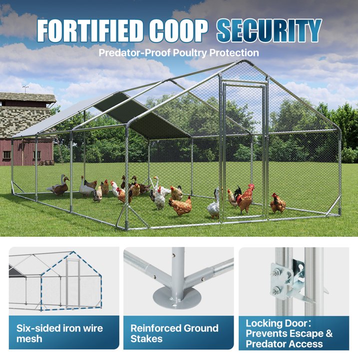 Sunmthink Heavy Duty Metal Chicken Coop Poultry Cage, Large Outdoor Yard Walk-in Enclosure with Waterproof Flat Roof Cover (9.8' L x 19.7' W x 6.4' H)