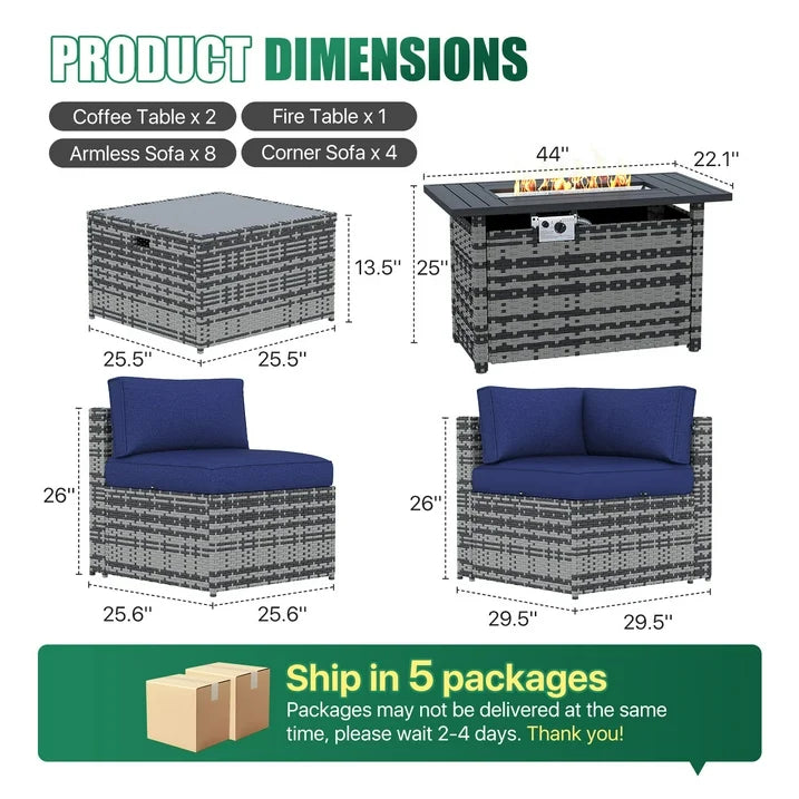 Clouddwell 15 Piece Patio Furniture Set with 44” Fire Pit Table Wicker Rattan Patio Conversation Set Outdoor Sectional Sofa Set with Coffee Table and Blue Cushions(Waterproof Cover Included)