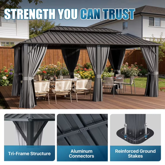 Sunmthink 12' x 20' Hardtop Gazebo with Mosquite Netting, Double Metal Roof for Lawn and Garden, Gray