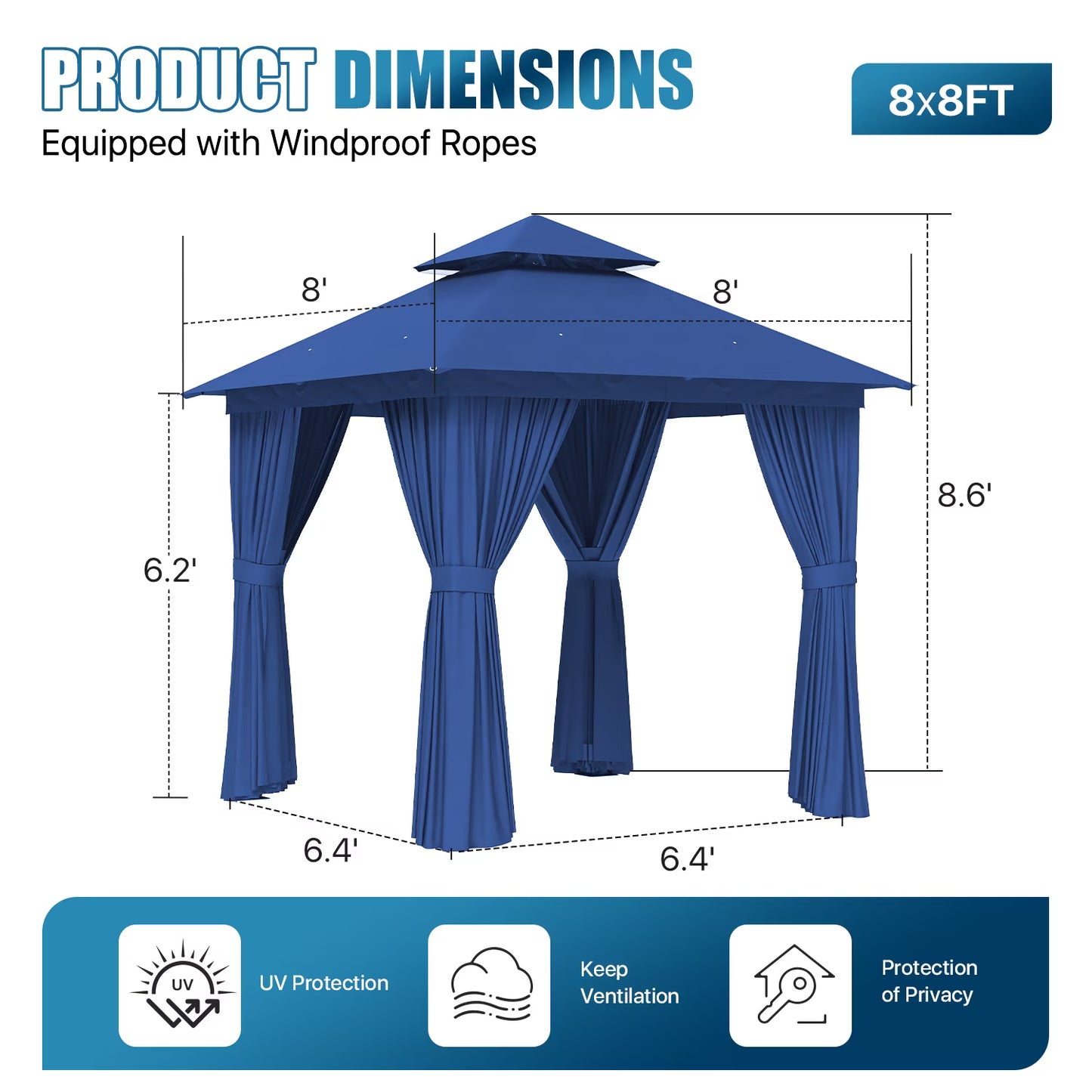 Sunmthink Outdoor Gazebo for Patio 8'x8', Metal Frame Canopy with Double Roofs, Heavy Duty Party Tent and Shelter with Mosquito Netting and Privacy Screen for Backyard,Garden,Deck (Blue)