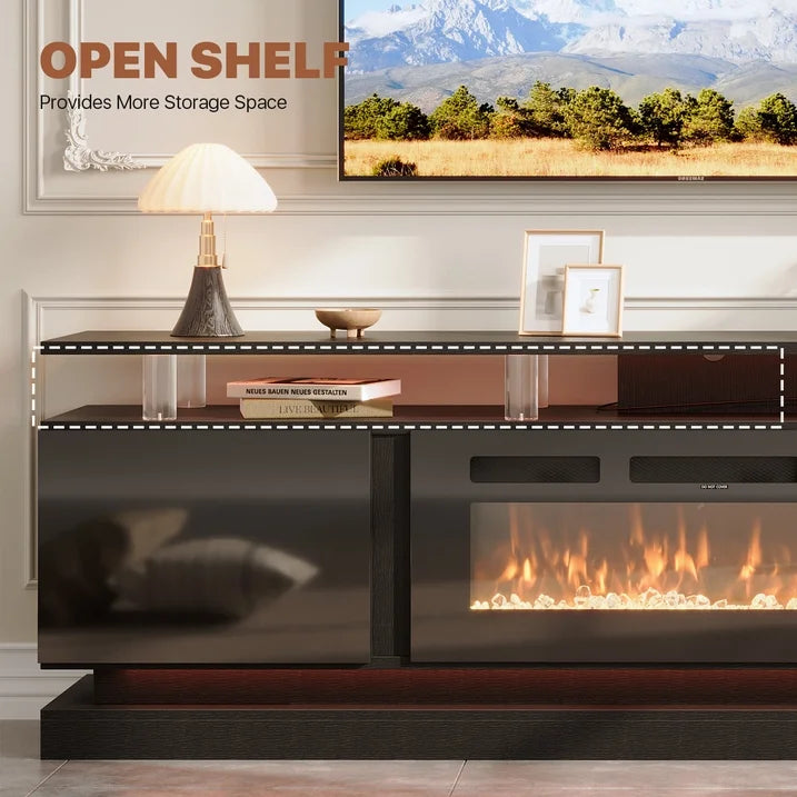 Sonegra Fireplace TV Stand with Electric Fireplace up to 90", Entertainment Center with Fireplace, LED 80" Modern TV Console with Storage for Livingroom, Black