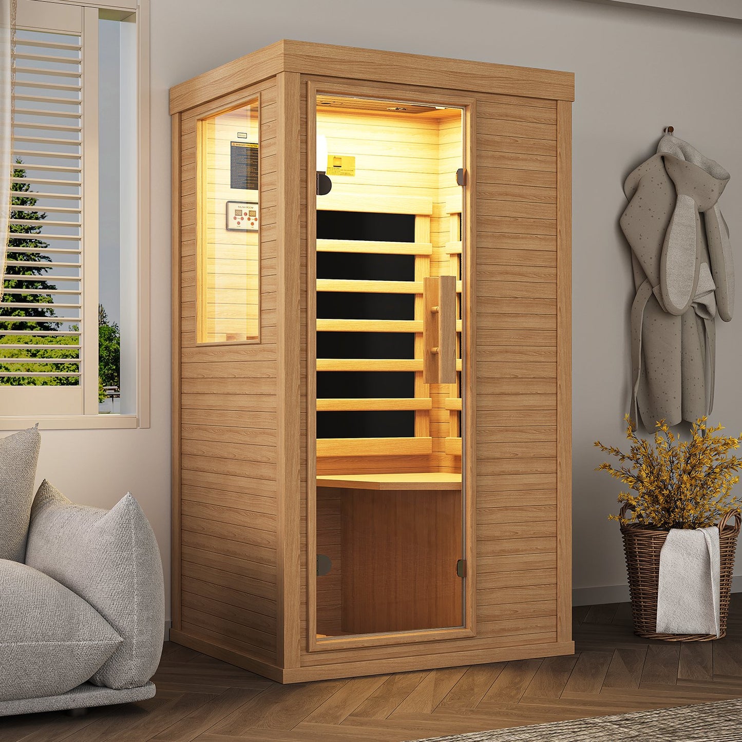 Sunmthink Full Spectrum Infrared Sauna ， 1-Person Home Sauna 850W Hemlock Wood Spa with Resonance Speaker & Tempered Glass