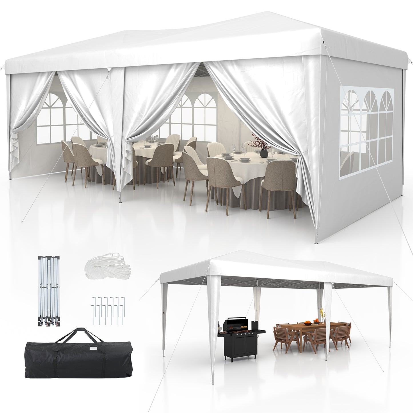 Dateyes 10x20 Pop Up Canopy Tent, Waterproof Party Tent with 6 Removable Sidewalls, 3-Level Height Adjustable Event Tent, Instant Shelter for Wedding, Party, Commercial & Market Events,White
