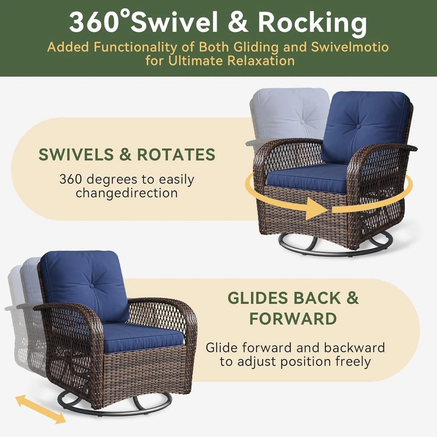 Aoxun 3 Pieces Patio Furniture Set, Patio Swivel Rocker Chairs Set of 2, Wicker Outdoor Bistro Set with Rocking Chair, Thickened Cushions and Table for Porch (Blue)