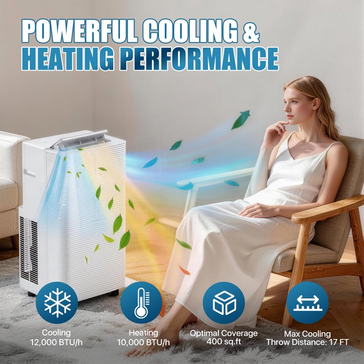 Sunmthink 12000 BTU 5-in-1 Smart Portable Air Conditioner, Standing Cooling & Heating Unit with Remote Control, Cooling, Heating, Dehumidifier & Fan Functions, 55dB Quiet Operation for Indoor Spaces