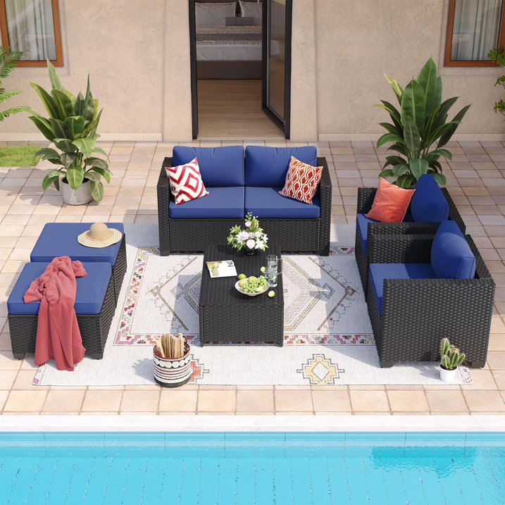 ClouddWell 4 Seat Outdoor Patio Furniture Set, Patio Conversation Sets with Thick Waterproof Cushions & Storage Coffee Table(Blue)