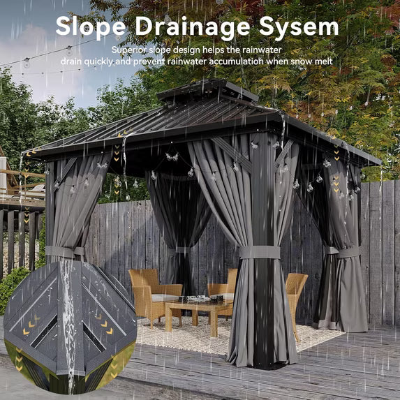 Aoxun 10'x10' Hardtop Gazebo, Aluminum Frame Canopy with Double Galvanized Steel Roof, Outdoor Metal Pavilion with Netting, Curtains for Backyard, Patio and Deck