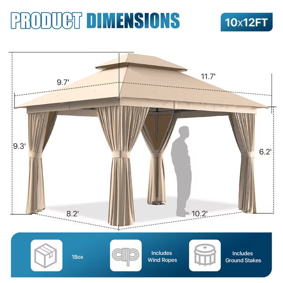 Dateyes 10x12 FT Outdoor Gazebo, Double Roof Patio Shelter with Netting Screens and Privacy Curtains, Heavy-Duty Weatherproof Canopy for Backyard, Deck, and Lawn, Beige