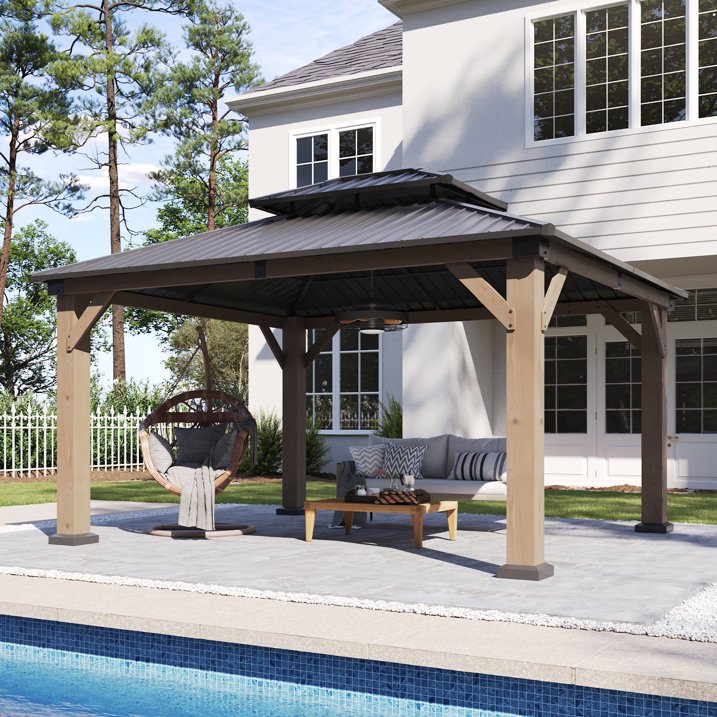 Aoxun 12' x 14' Outdoor Wood Gazebo, Hardtop Gazebo Permanent Wooden Pavilion with Galvanized Steel Double Roof, for Patio, Garden, Deck, Cedar Wood