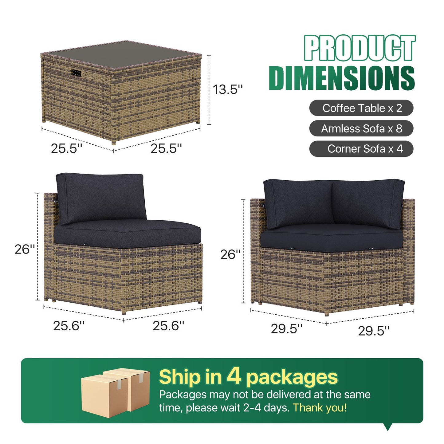 Clouddwell 14 Piece Patio Furniture Set Wicker Rattan Patio Conversation Set Outdoor Sectional Sofa Set with Coffee Table and Black Cushions(Waterproof Cover Included)