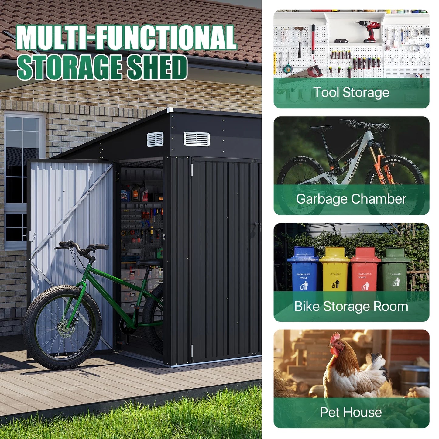 Clouddwell 10ft x 8ft Heavy-Duty Metal Storage Shed with 3 Doors, Lockable Lean-To Design, Weatherproof for Garden & Tools (Black)