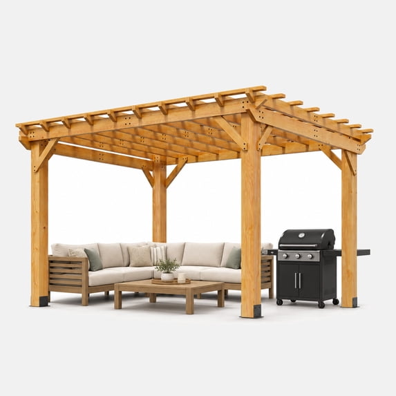 Sunmthink 10' x 12' Solid Cedar Outdoor Pergola, Tiered Lattice Canopy, Wind-Resistant up to 100 MPH, Natural Wood Finish for Patio, Deck, Lawn & Garden