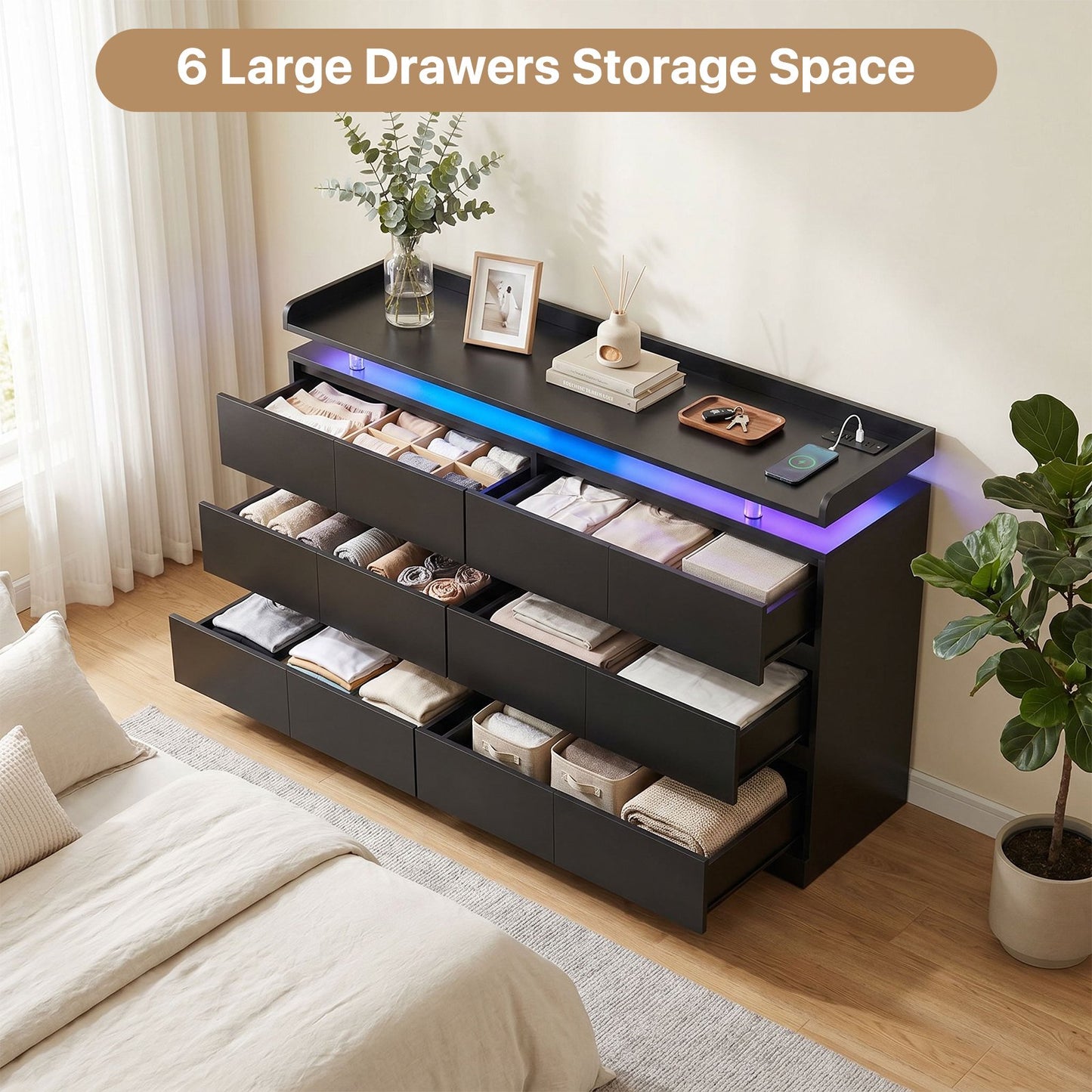 Sonegra 47 Inch 6‑Drawer Dresser, Modern High Gloss Chest of Drawers with LED Light & Glass Tabletop, Large Storage Cabinet for Bedroom Living Room, Black