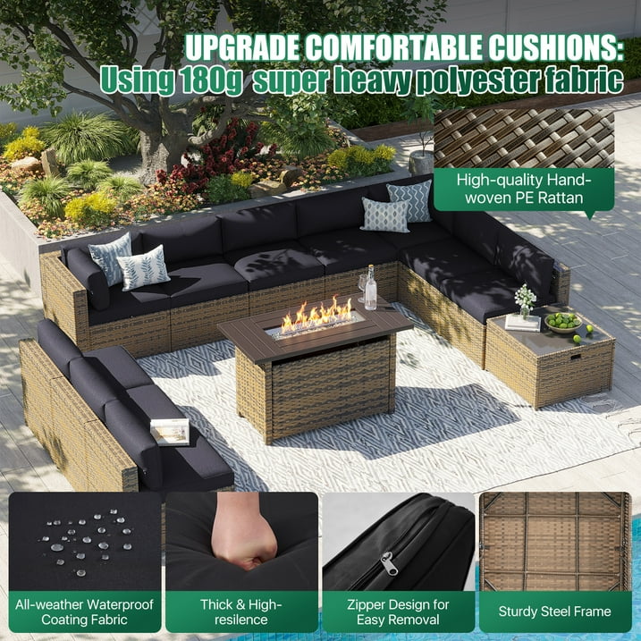 Clouddwell 12 Piece Patio Furniture Set with 44” Fire Pit Table Wicker Rattan Patio Conversation Set Outdoor Sectional Sofa Set with Coffee Table and Black Cushions(Waterproof Cover Included)