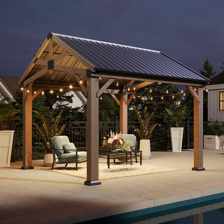 Sunmthink 10' x 12' Outdoor Wood Frame Gazebo, Hardtop Gazebo with Galvanized Steel, Permanent Wooden Pavilion for Patio Backyard Lawn Garden
