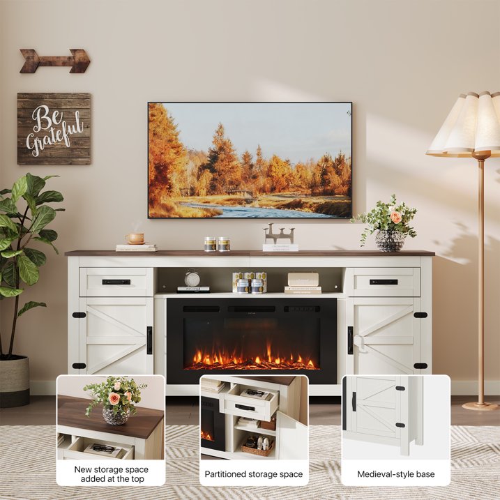 Sonegra 80" Fireplace TV Stand, Entertainment Center for TVs Up to 90”, TV Console with Storage Cabinets, Media Console for Living Room, White TV Stand and Black Fireplace, White
