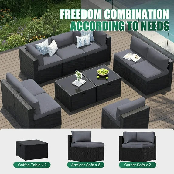 Clouddwell 10-Piece Patio Furniture Set On Sale, Black Rattan Wicker Outdoor Sectional Sofa Couch with Table Patio Conversation Set for Lawn& Backyard,Gray