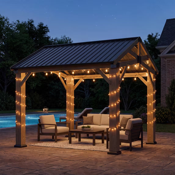 Sunmthink 10' x 10' Wood Frame Gazebo, Hardtop Gazebo with Galvanized Steel, Permanent Wooden Pavilion for Patio Backyard Lawn Garden