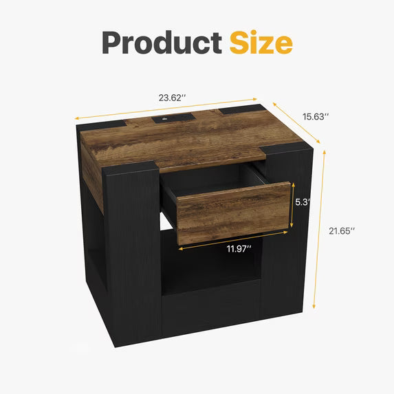 Sonergra Farmhouse End Table with Charging Station, 23” Modern Nightstand Side Table with Drawer and Open Storage, Wood Accent Sofa Side Table for Bedroom Living Room,Black