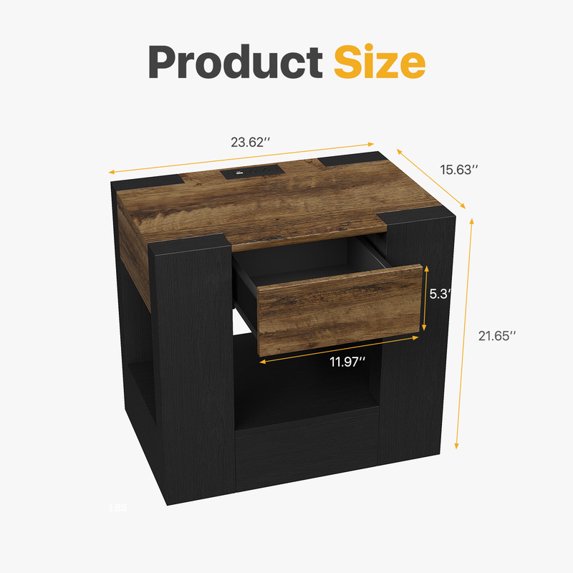 Sonergra Farmhouse End Table with Charging Station, 23” Modern Nightstand Side Table with Drawer and Open Storage, Wood Accent Sofa Side Table for Bedroom Living Room,Black