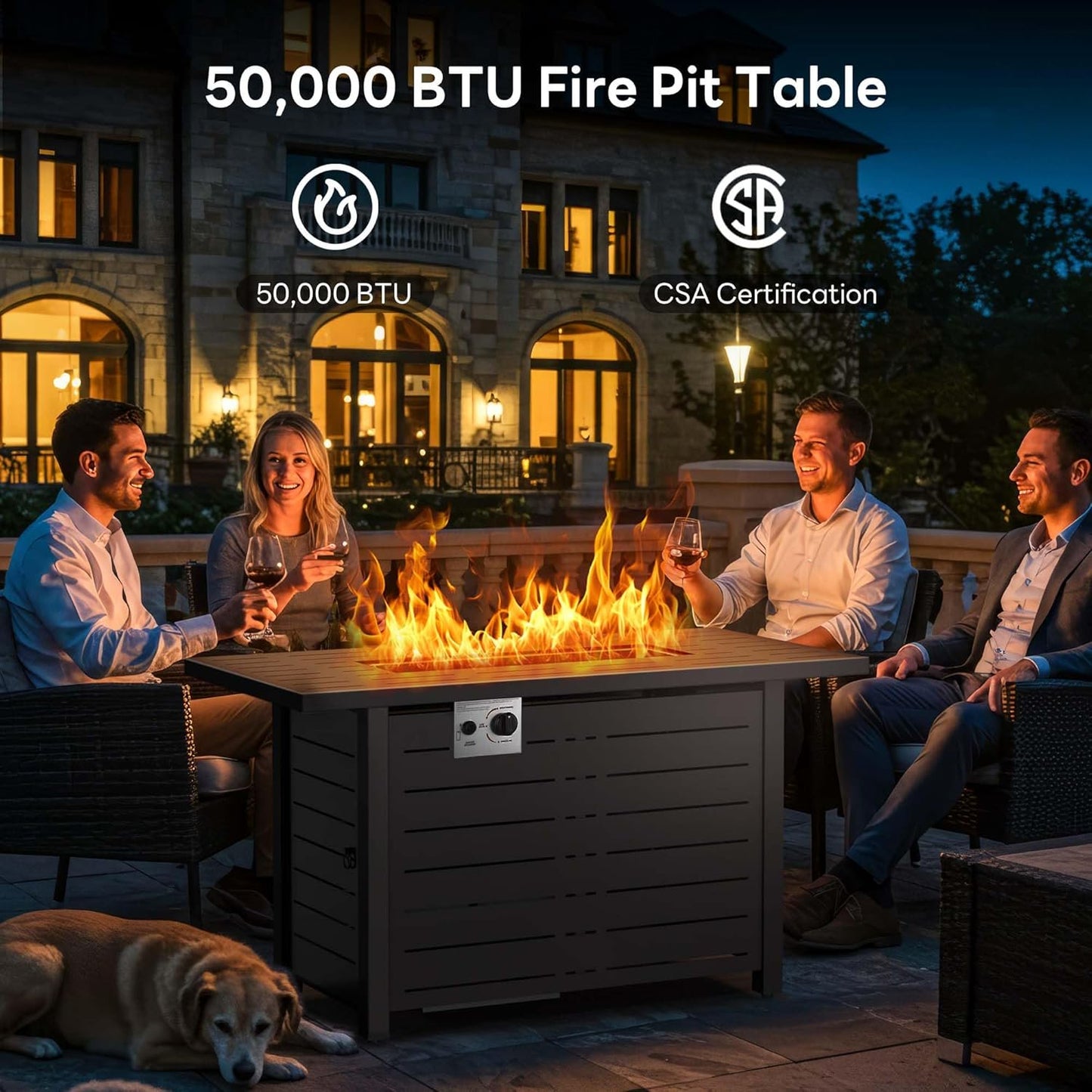 ClouddwellOutdoor 40" 50,000 BTU Propane Gas Fire Pit Table, Ceramic Tabletop and Rattan Weaved Iron Frame, Water-Proof Oxford Cover, Glass Wind Guard
