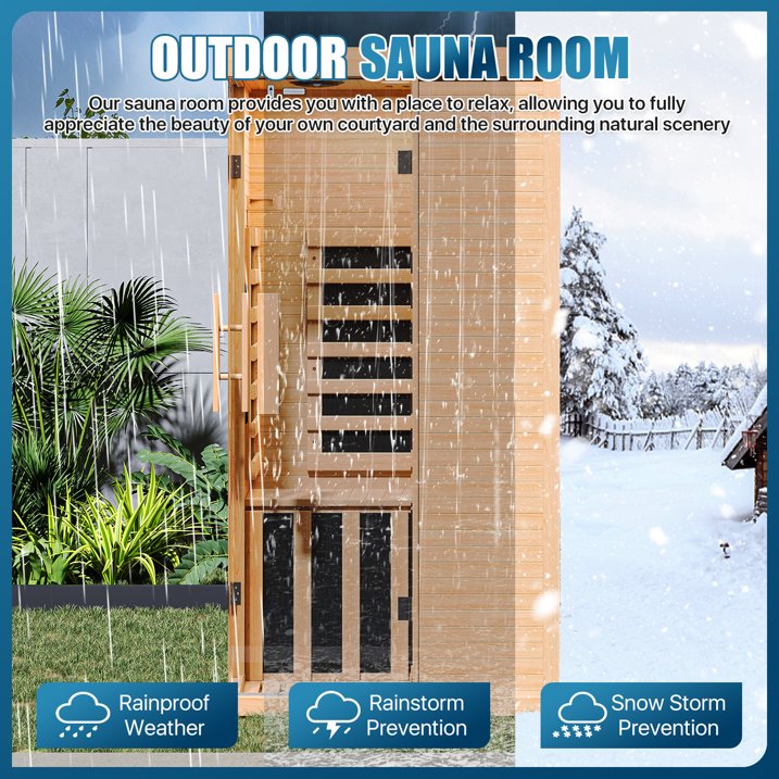 Sunmthink Full Spectrum Infrared Sauna ， 2-Person Home Sauna 850W Hemlock Wood Spa with Resonance Speaker & Tempered Glass