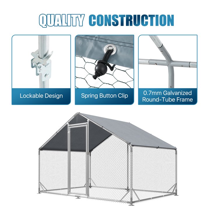 Sunmthink Heavy Duty Metal Chicken Coop Poultry Cage, Large Outdoor Yard Walk-in Enclosure with Waterproof Flat Roof Cover (9.8' L x 6.6' W x 6.4' H)