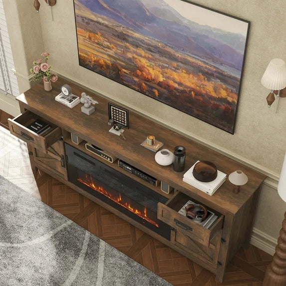 Sonegra Fireplace TV Stand with Barn Door for TVs up to 80", Farmhouse 70" Fireplace Entertainment Center, TV Console with Storage Cabinets for Living Room, Brown