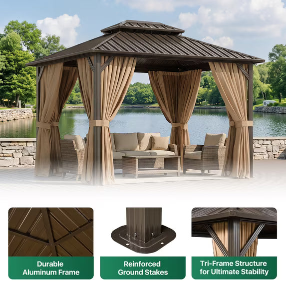 Dateyes 12x10 FT Outdoor Hardtop Gazebo, Aluminum Frame Gazebo with Removable Mesh Walls and Curtains for Patio, Lawns, Brown