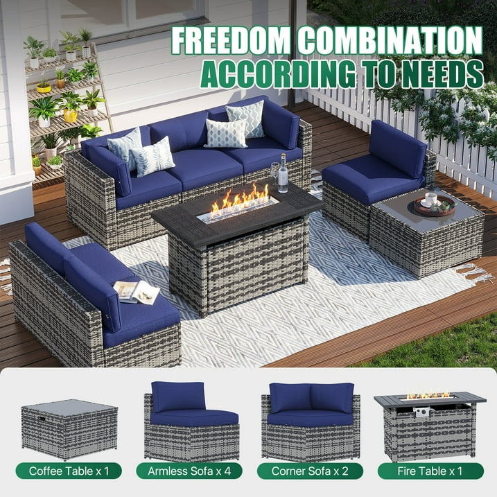 Clouddwell 8 Piece Patio Furniture Set with 44” Fire Pit Table Wicker Rattan Patio Conversation Set Outdoor Sectional Sofa Set with Coffee Table and Blue Cushions(Waterproof Cover Included)