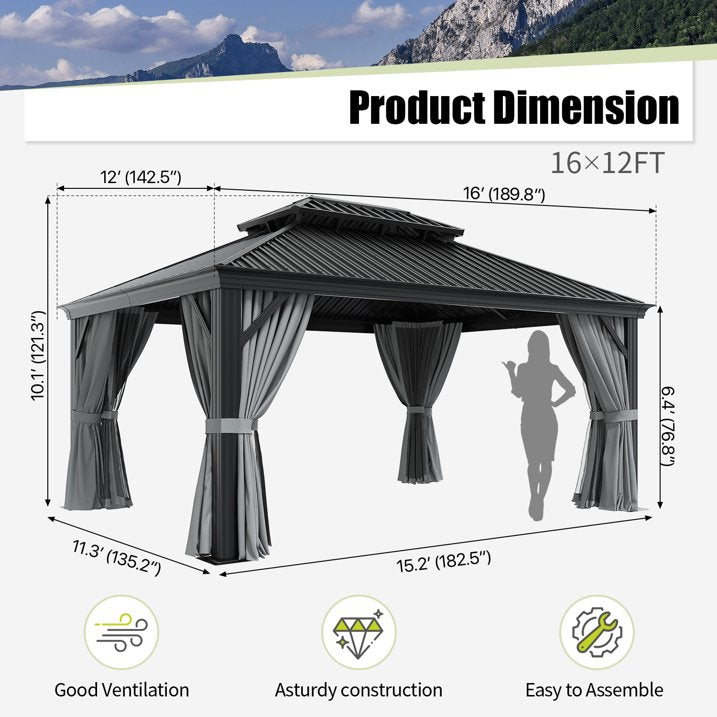 Clouddwell 12' x 16' Hardtop Gazebo with Double Roof, Aluminum Frame Outdoor Patio Gazebo with Netting & Curtains, Metal Roof Canopy with Built-in Drainage System