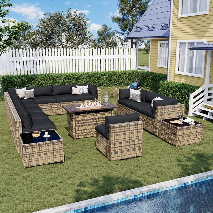 Sunmthink Patio Furniture Sets, 15-Piece Outdoor Patio Furniture with 44'' Propane Gas Firepit Table, Wicker Outdoor Conversation Set and Waterproof Cover for Backyard, Poolside, Garden