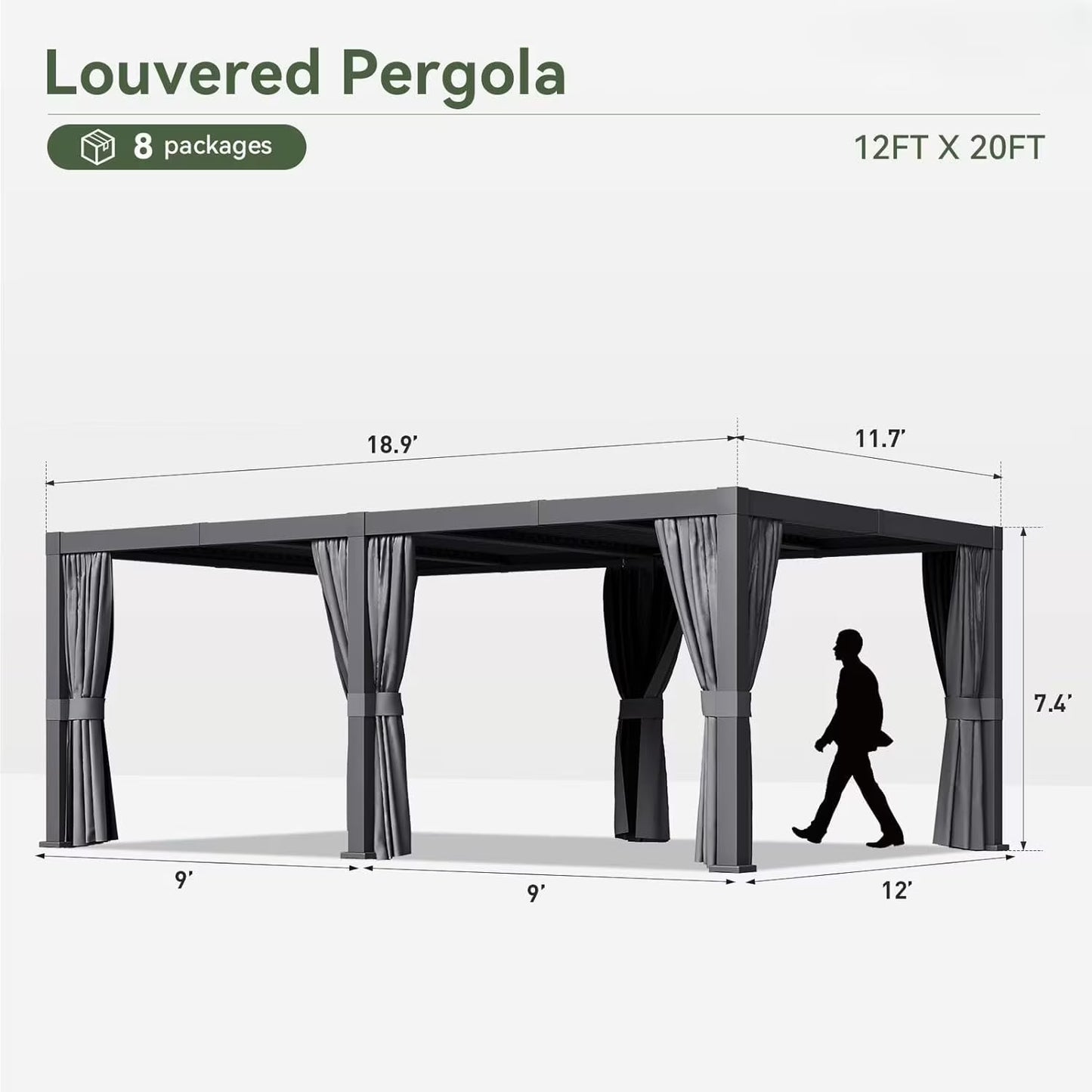 Sunmthink 12' x 20' Louvered Pergola, Outdoor Aluminum Pergola with Curtains & Netting for Decks, Gardens and Backyards, Gray