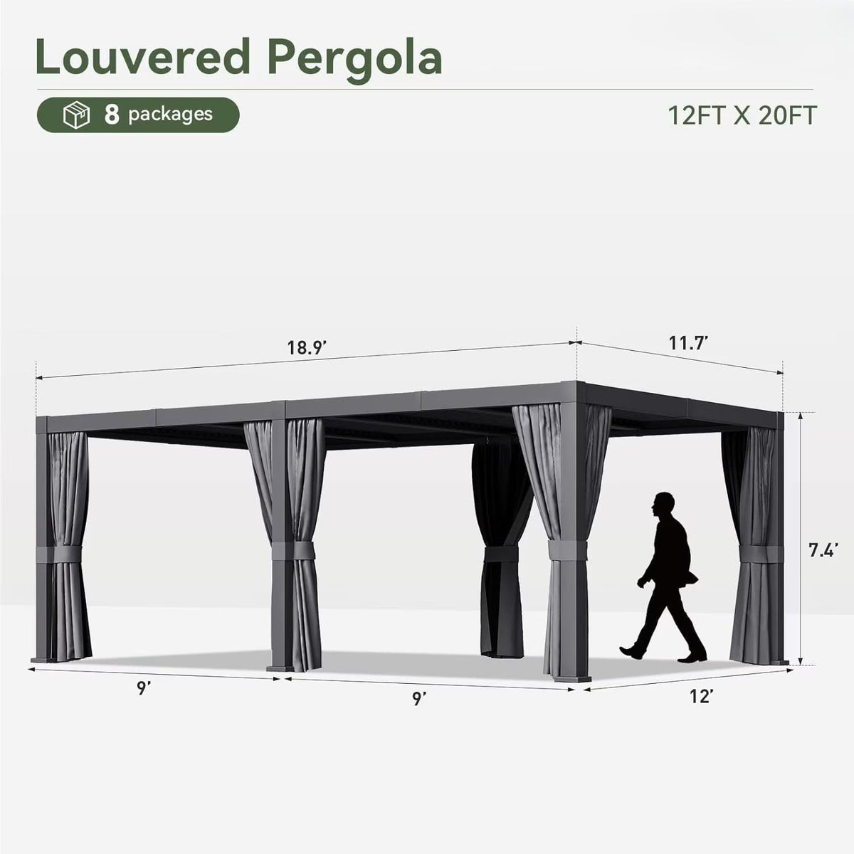 Clouddwell 12' × 20' Adjustable Louvered Pergola, Outdoor Aluminum Pergola with Curtains & Netting for Backyard, Deck & Poolside, Gray
