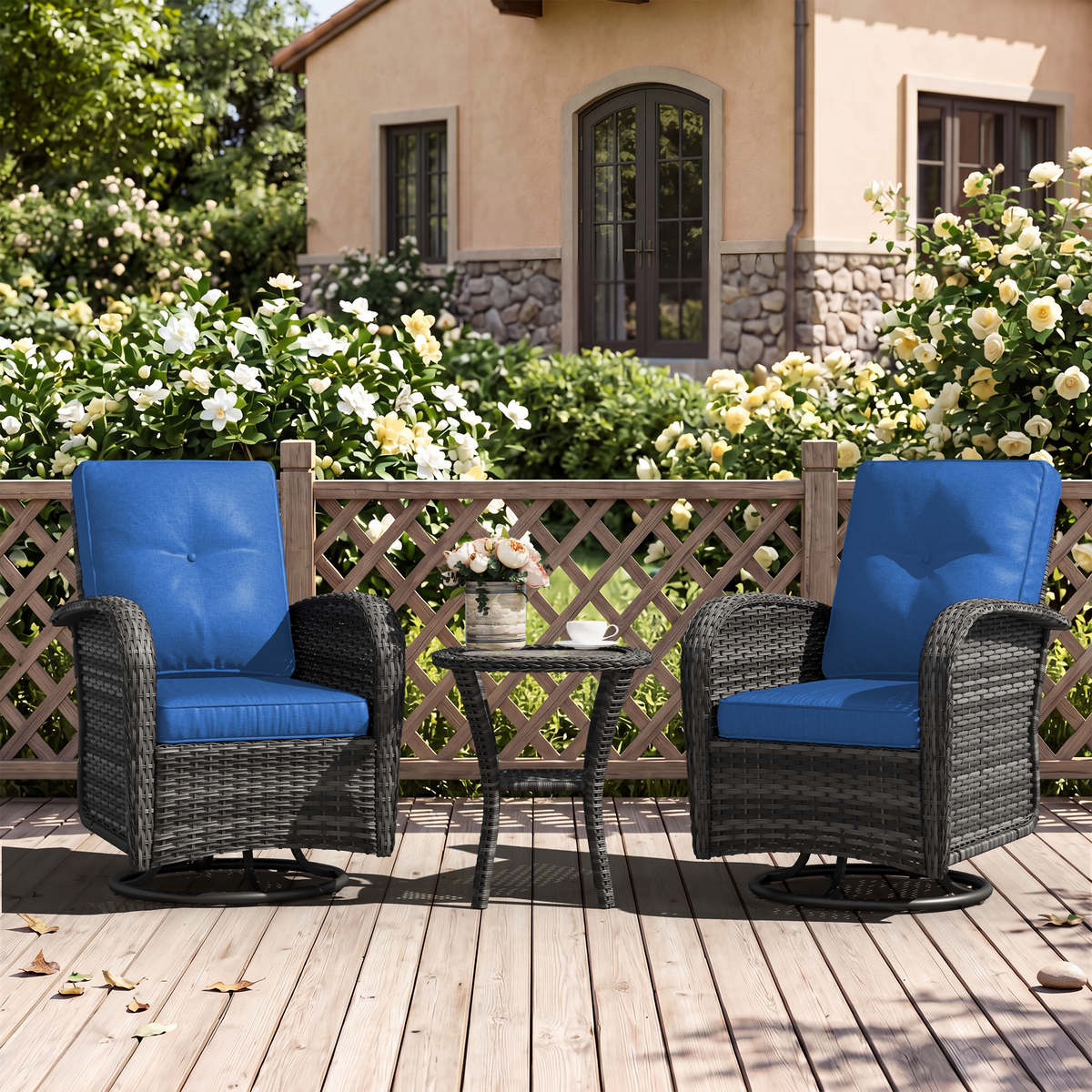 LazySunsets 3 Pieces Patio Furniture Set, Patio Swivel Rocker Chairs Set of 2, Wicker Outdoor Bistro Set with Rocking Chair, Blue/Gray