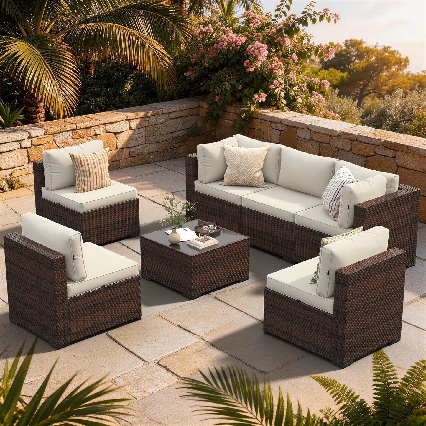 Clouddwell 7 Piece Outdoor Patio Furniture Set, Wicker Rattan Patio Sectional Sofa Sets, Off White