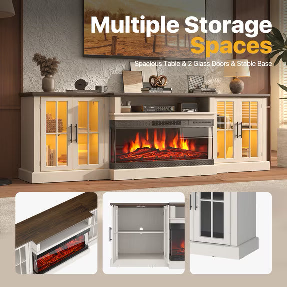 Sonegra 87" Farmhouse TV Stand with Fireplace for TVs up to 90", Media Entertainment Center with Adjustable Shelves and Large Storage Cabinets, for Living Room, White