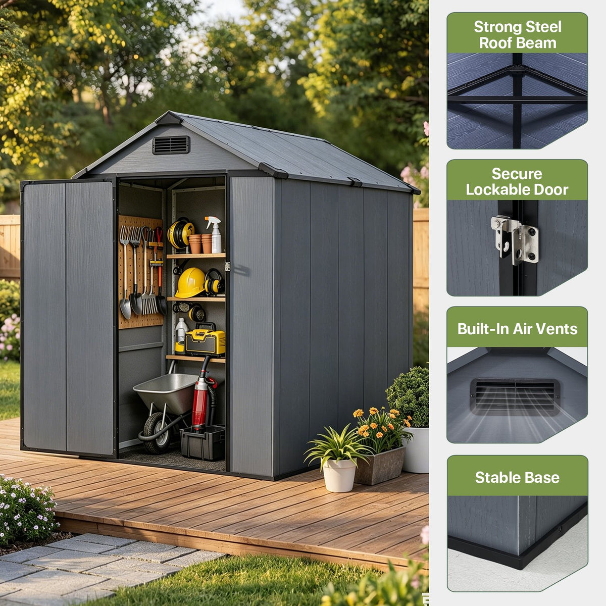 Dateyes 4x6 FT Resin Storage Shed, All-Weather Outdoor Storage Shed with Floor & Air Vent for Patio, Backyard, Garden, Dark Gray